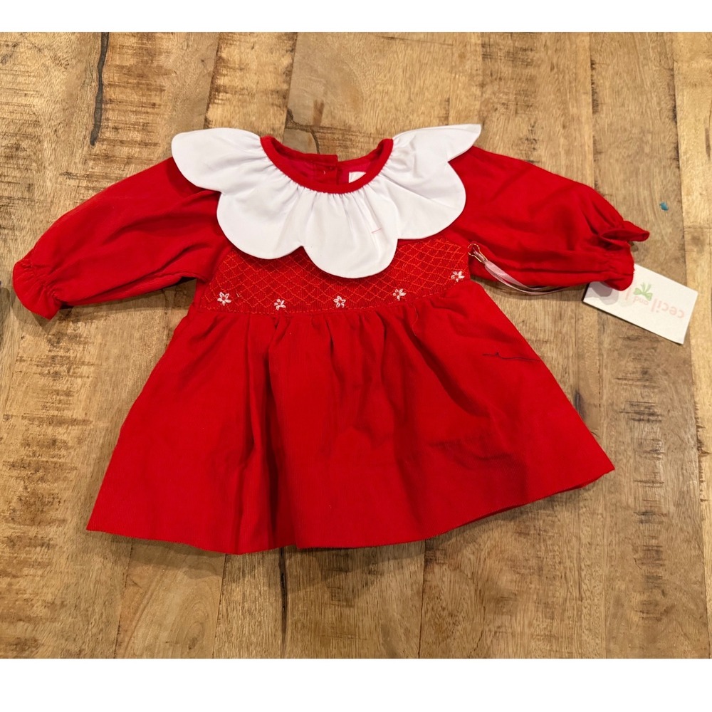 Cecil and Lou Baby Girl Red Corduroy Smocked Dress Scallop Collar NB NWT